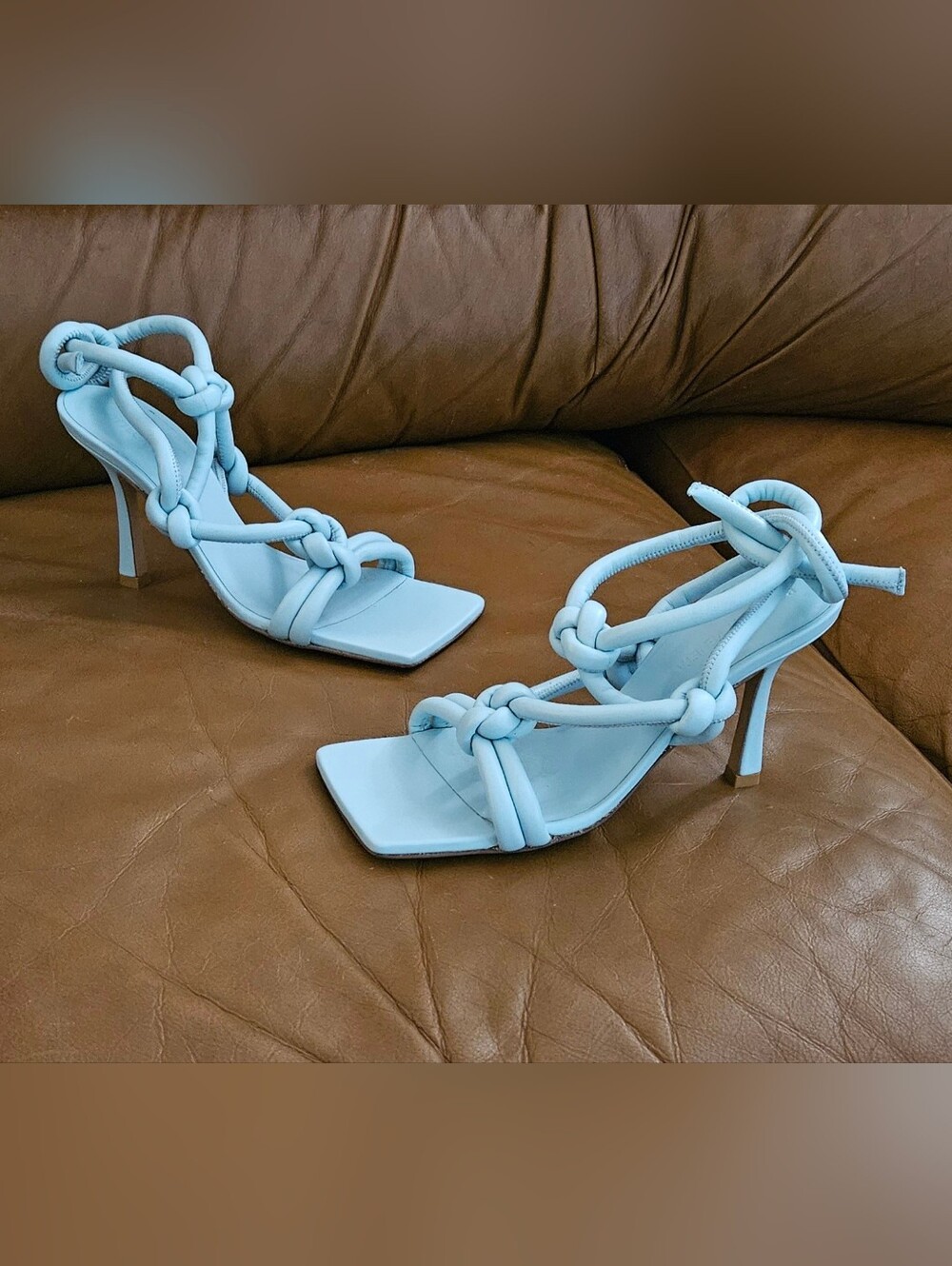 Bottega Veneta Pale Blue Knotted Strap Square-Toe Heels Size 4.5 US